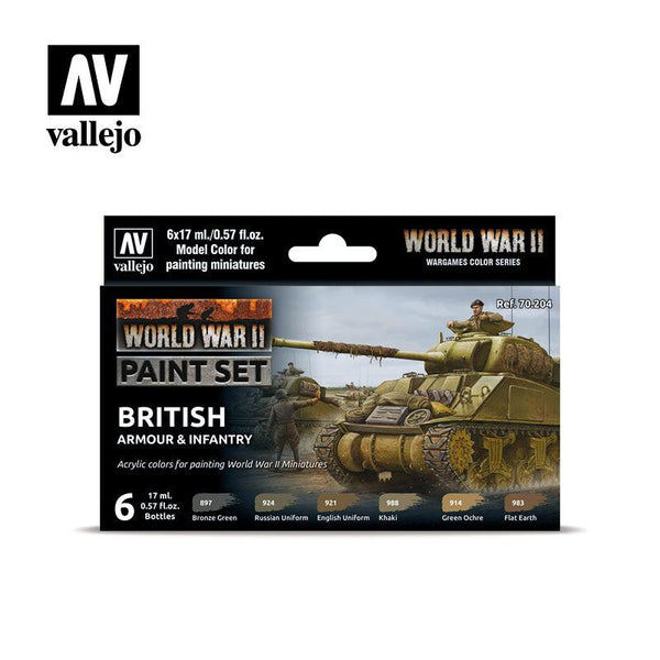 Vallejo Paint Set WWII Paint Set British Armour & Infantry 6 Paints Wargames Color Series VAL70204 - Hobby Heaven