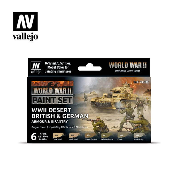 Vallejo Paint Set WWII Paint Set Desert British & German Armour & Infantry 6 Paints Wargames Color Series VAL70208 - Hobby Heaven