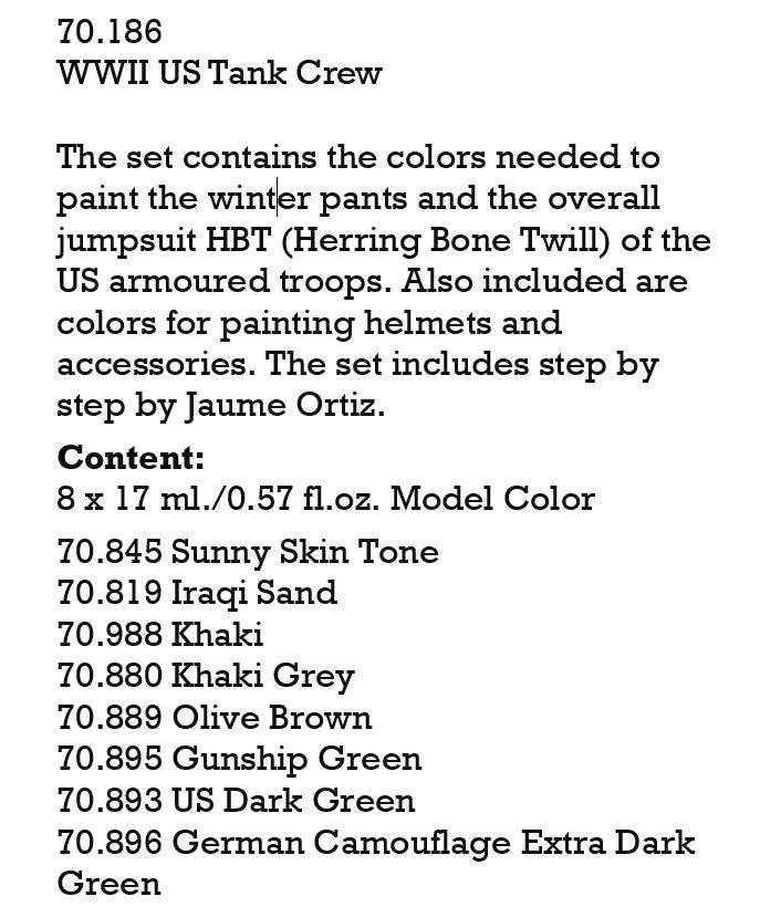 Vallejo Paint Set WWII US Tank Crew 8 Paints Figure Color Series VAL70186 - Hobby Heaven