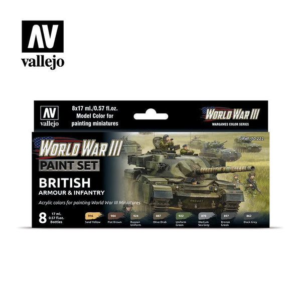 Vallejo Paint Set WWIII Paint Set British Armour & Infantry 8 Paints Wargames Color Series VAL70222 - Hobby Heaven