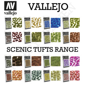 Complete range of Vallejo Scenics Tufts showcasing various colors and sizes for diverse miniature landscaping and diorama projects