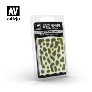Vallejo Scenery Wild Tuft Dry Green SC401 pack, showing realistic miniature grass tufts for model scenery and dioramas