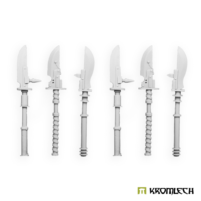 The six vibro glaives in pale resin, showing the plain, spiral and ribbed hafts
