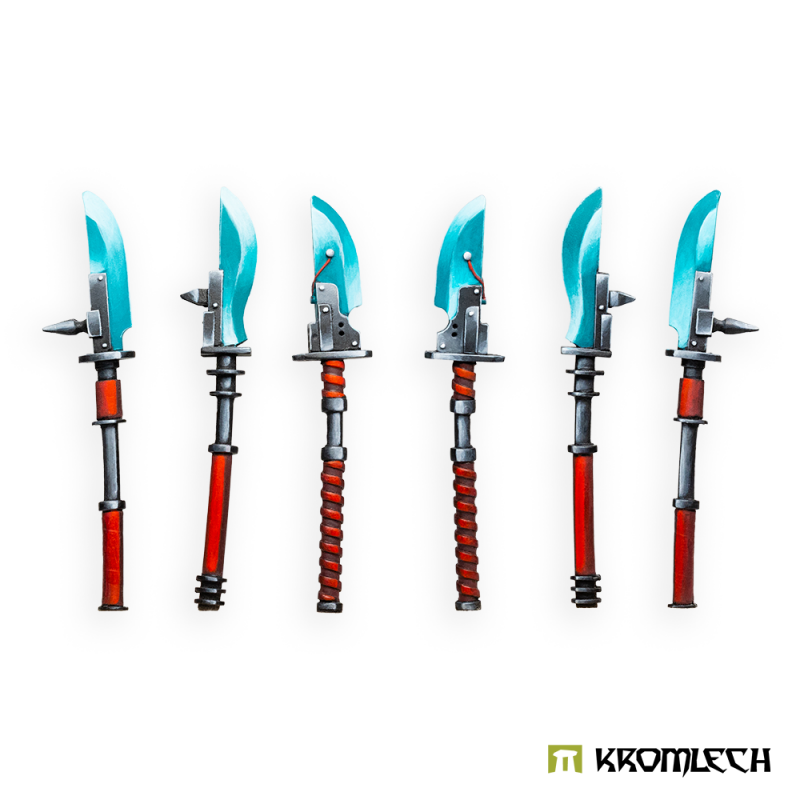 Kromlech Vibro Glaives painted: six polearms with turquoise blades and red hafts, two of each pattern