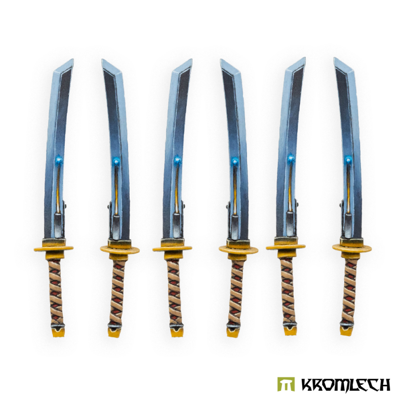 Kromlech Vibro Katanas painted: six curved swords with steel-blue blades and cord-wrapped grips
