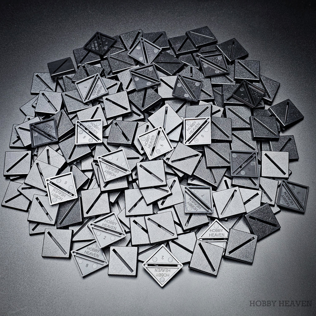 Top view of 25mm diagonal slot square bases for wargaming