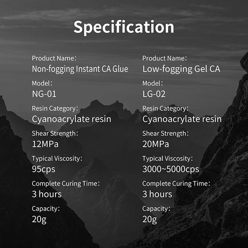 DSPIAE specification table for NG-01 and LG-02: cyanoacrylate, shear strength, typical viscosity, curing time, 20 g