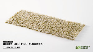 Sheet of 370 Gamers Grass White Lily Tiny Flowers tufts, 4mm size, for hobby figures and wargaming bases.