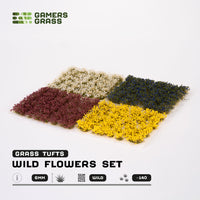 Contents of the Wild Flowers Set, displaying yellow, dark purple, white, and blue flower tufts
