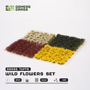 Contents of the Wild Flowers Set, displaying yellow, dark purple, white, and blue flower tufts