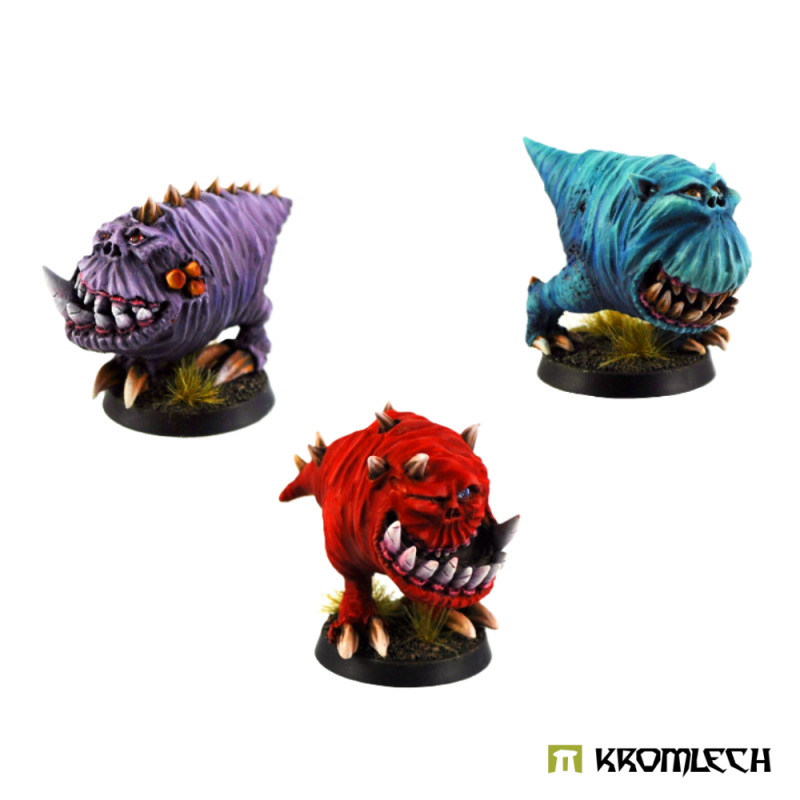 Three painted Gnaws: a purple one, a blue one and a red one with open jaws