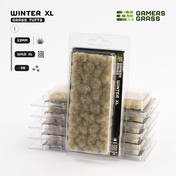 Gamers Grass Winter XL 12mm - Wild XL Tufts packaging, featuring snowy landscape and tall frozen grass imagery