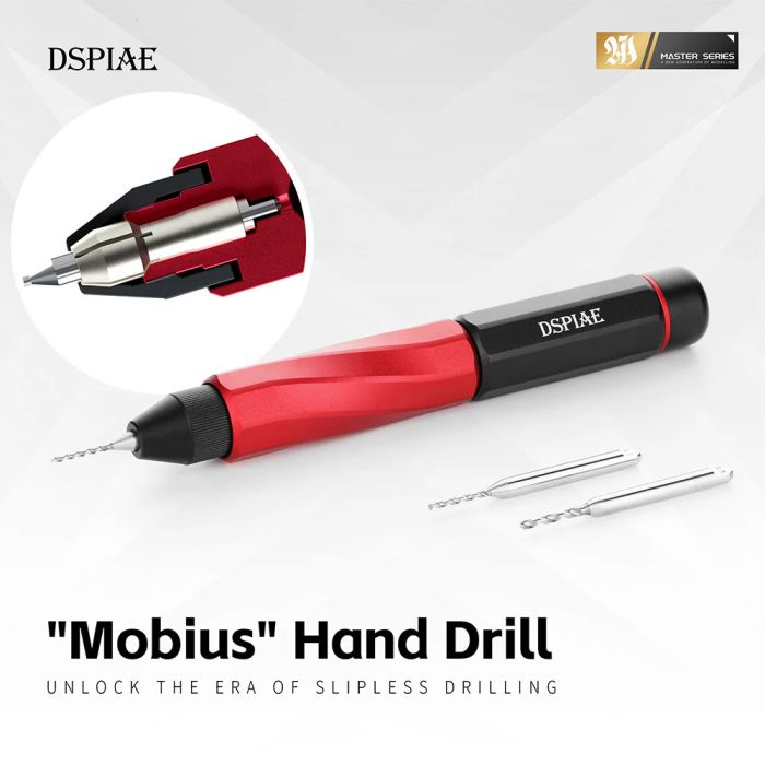 DSPIAE Mobius hand drill in red and black with its spin-lock chuck mechanism inset, two loose drill bits beside it