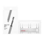 DSPIAE XDB-S02 box and case on white, the silver label reading Spin-Lock Drill Bit 02 with six bits through the lid