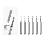 Six DSPIAE XDB-S02 spin-lock drill bits laid out beside the box, each shank engraved with its size from 1.5 to 2.0 mm