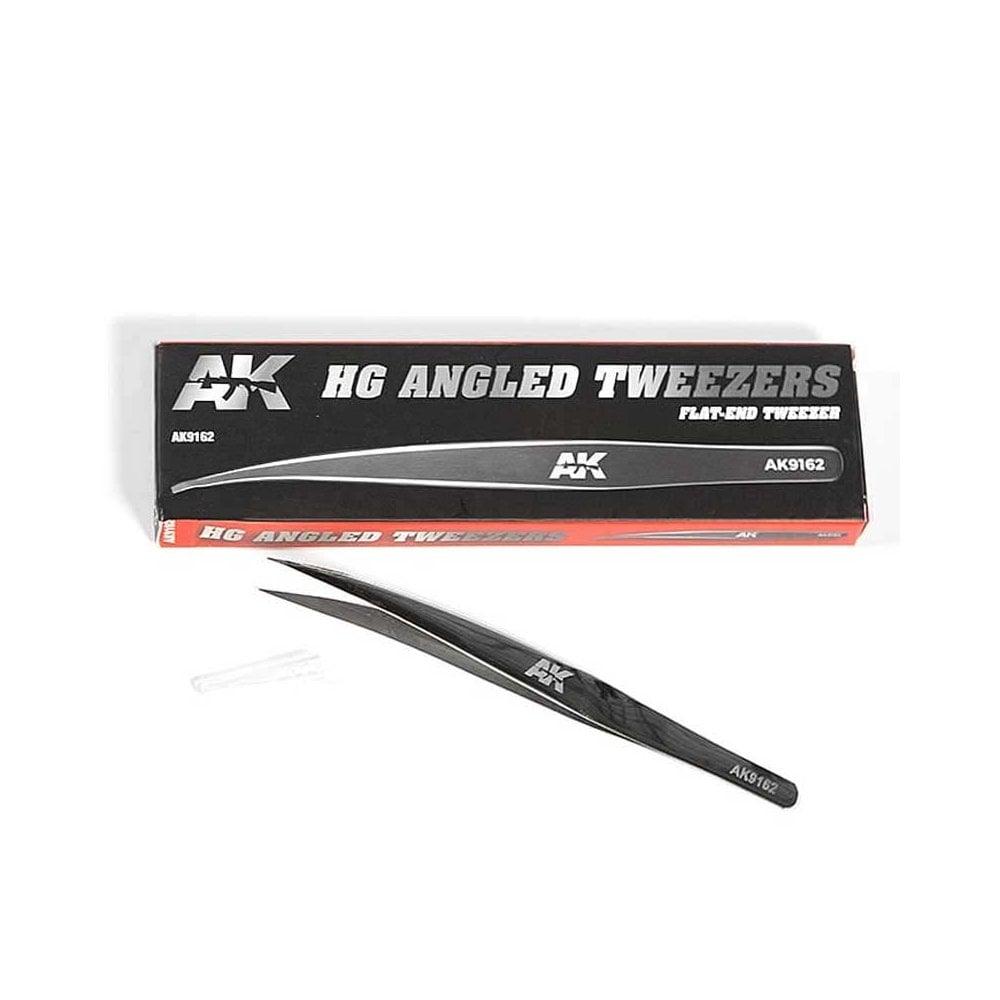 AK9162 HG Angled Tweezers beside their black AK box, printed FLAT-END TWEEZER, the clear tip guard lying alongside