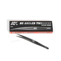 AK9162 HG Angled Tweezers beside their black AK box, printed FLAT-END TWEEZER, the clear tip guard lying alongside