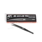 AK9162 HG Angled Tweezers beside their black AK box, printed FLAT-END TWEEZER, the clear tip guard lying alongside