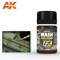 Applying AK045 Dark Brown Wash to green vehicles to create realistic weathering effects and shadows.
