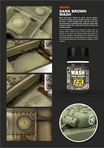  AK045 Dark Brown Wash enamel bottle, perfect for enhancing green vehicle models with realistic weathering and shadow effects.

