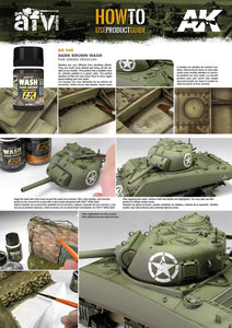 AK045 Dark Brown Wash creating weathering and detailed shadow effects on a model vehicle's surface.