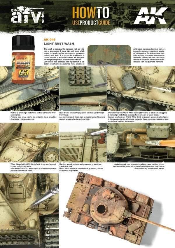 AK046 Light Rust Wash enamel bottle, perfect for adding rust effects to vehicles and accessories in model weathering.