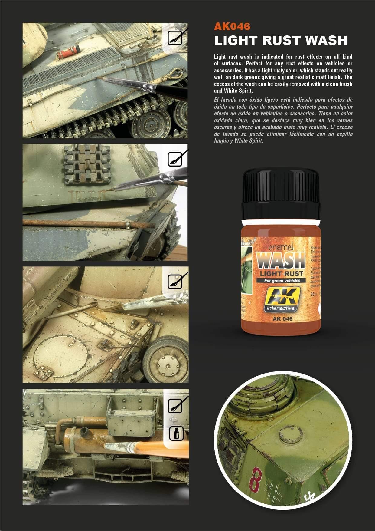 Detail of AK046 Light Rust Wash creating rust stains on a vehicle model's surface for a realistic finish.