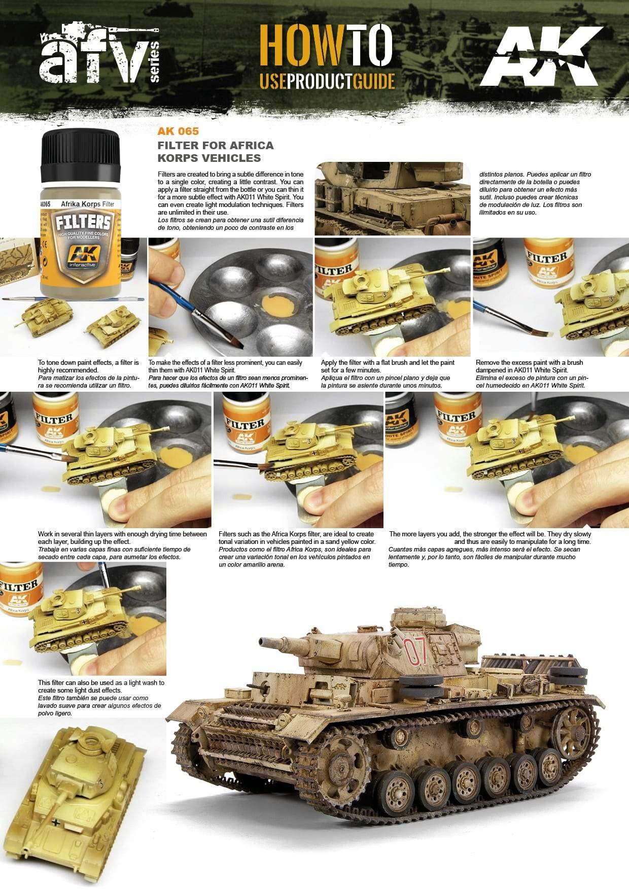 Applying AK065 Light Brown Filter with a flat brush to a vehicle model, enhancing camouflage and preparing for next painting steps.


