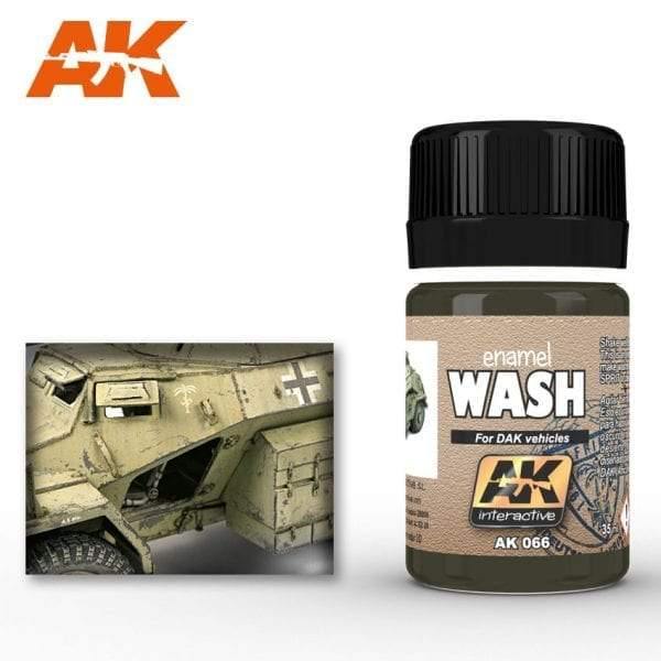 Applying AK066 Africa Korps Wash to a desert vehicle model, enhancing details and shadows on DAK tanks.