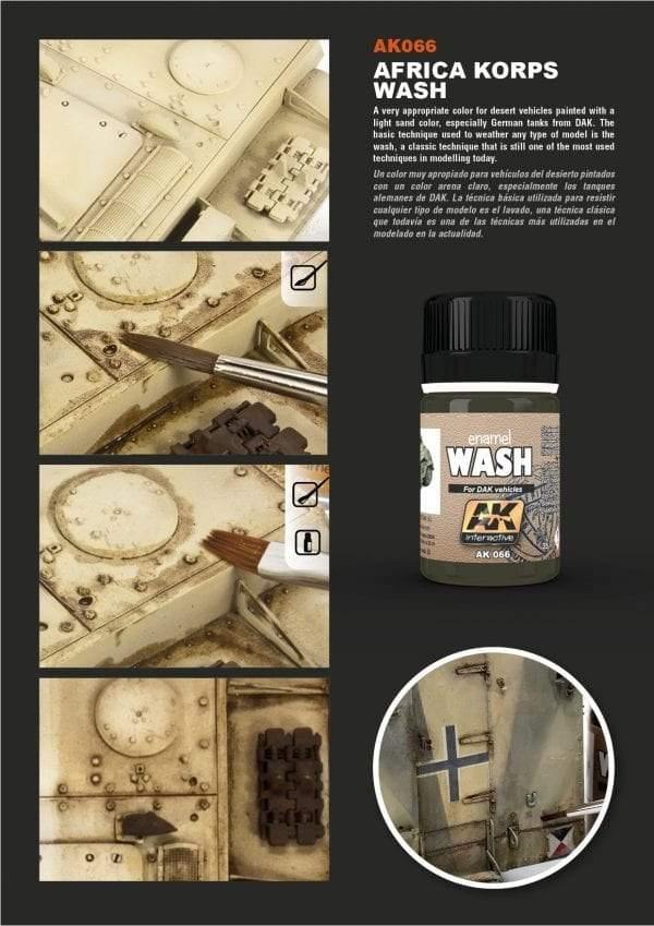  Using a large brush to apply AK066 Africa Korps Wash to a model, enriching shadows and details for desert vehicle weathering.