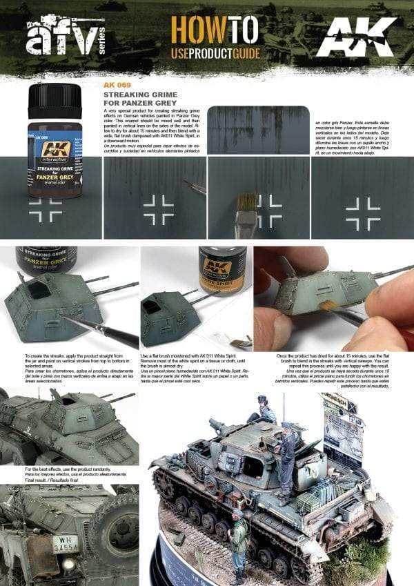 Applying AK069 Streaking Grime for Panzer Grey to a WWII German tank model for realistic weathering effects.