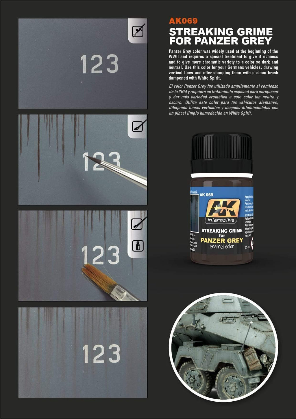 Using a fine brush to apply AK069 Streaking Grime in vertical streaks on a German military model.