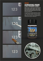 Using a fine brush to apply AK069 Streaking Grime in vertical streaks on a German military model.