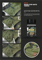 Using a large brush to apply AK075 Wash for NATO Tanks for realistic weathering effects and detailing on military models.
