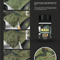 Using a large brush to apply AK075 Wash for NATO Tanks for realistic weathering effects and detailing on military models.