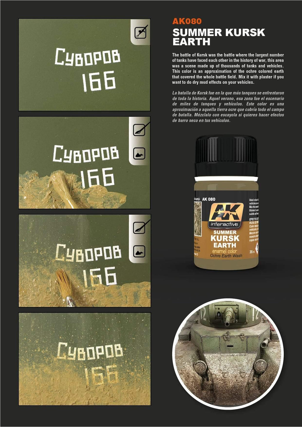 Using AK080 Kursk Earth to recreate dusty, dry terrain effects on military models for an authentic war scene look.