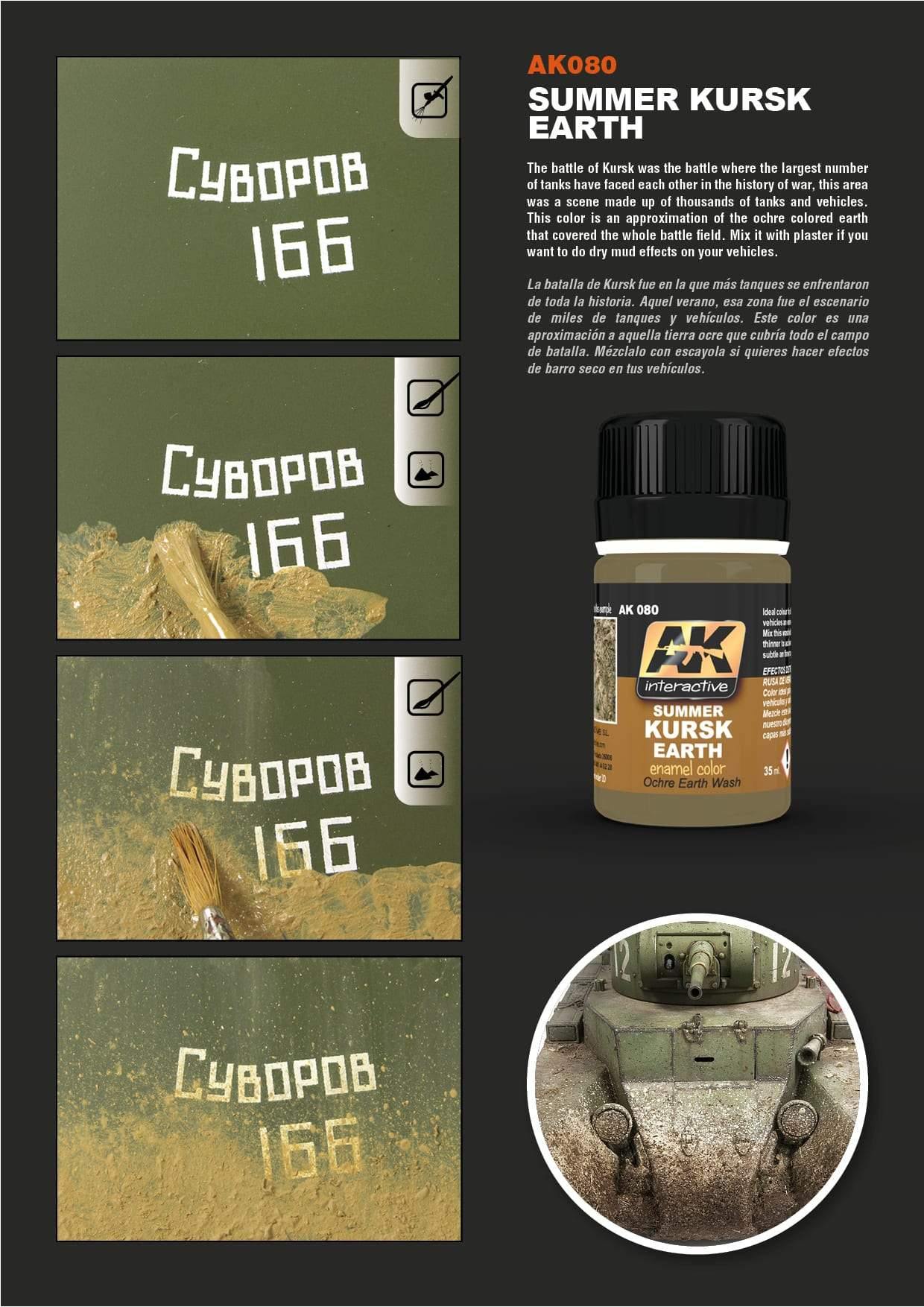 Using AK080 Kursk Earth to recreate dusty, dry terrain effects on military models for an authentic war scene look.