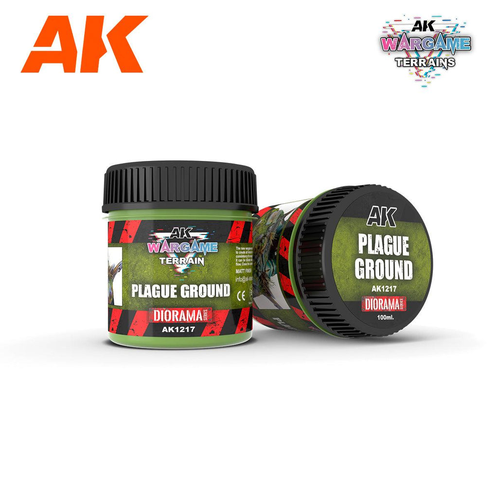 Two jars of AK1217 Plague Ground terrain paste, one upright, one on its side; label reads AK Wargame Terrain, lid 100ml