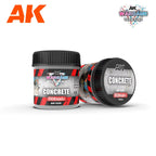 Two jars of AK1229 Concrete terrain paste, one upright, one on its side; label reads AK Wargame Terrain, lid 100ml