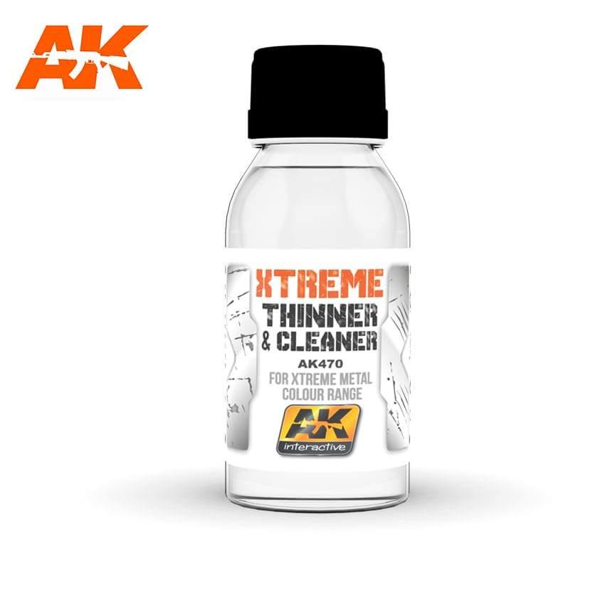 AK470 Xtreme Thinner and Cleaner: tall clear 100ml bottle with a black cap, label reading XTREME THINNER & CLEANER.