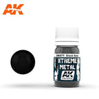 AK471 Xtreme Metal Black Base: 30ml Xtreme Metal bottle of dark liquid, white cap, beside a gloss black swatch sphere.