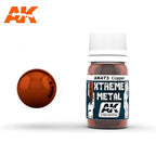 AK473 Xtreme Metal Copper: 30ml Xtreme Metal bottle with a white ribbed cap, beside a polished copper swatch sphere.