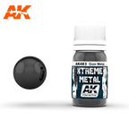 AK483 Xtreme Metal Gun Metal: 30ml bottle with a white ribbed cap, beside a glossy near-black gun-metal sphere.