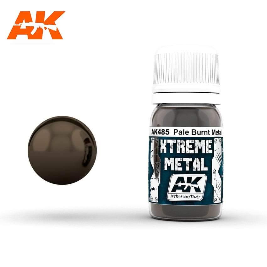 AK485 Xtreme Metal Pale Burnt Metal: 30ml bottle, white ribbed cap, beside a lighter warm brown burnt-metal sphere.