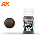 AK485 Xtreme Metal Pale Burnt Metal: 30ml bottle, white ribbed cap, beside a lighter warm brown burnt-metal sphere.