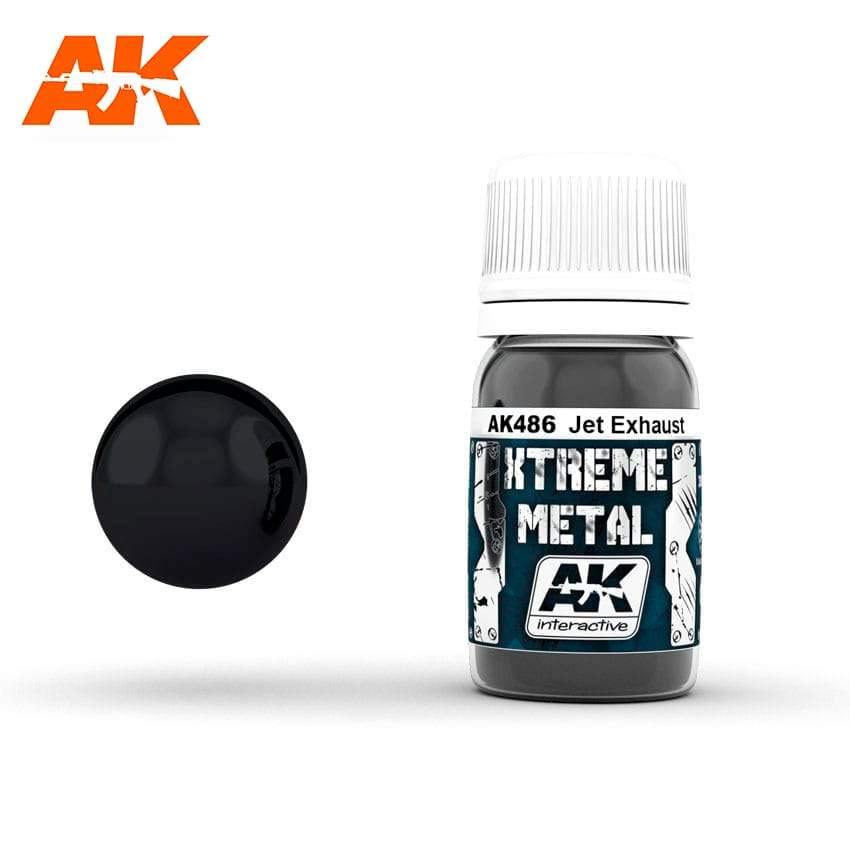 AK486 Xtreme Metal Jet Exhaust: 30ml bottle with a white ribbed cap, beside a deep gloss black jet-exhaust sphere.