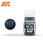 AK487 Xtreme Metal Metallic Blue: 30ml bottle labelled Blue Electric Metal, beside a glossy dark navy blue sphere.