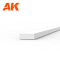 AK6515 styrene strip on white: a flat white plastic length, its end face some two and a half times wider than it is thick