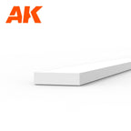 AK6516 styrene strip on white: a broad flat white plastic length, its end face four times wider than it is thick