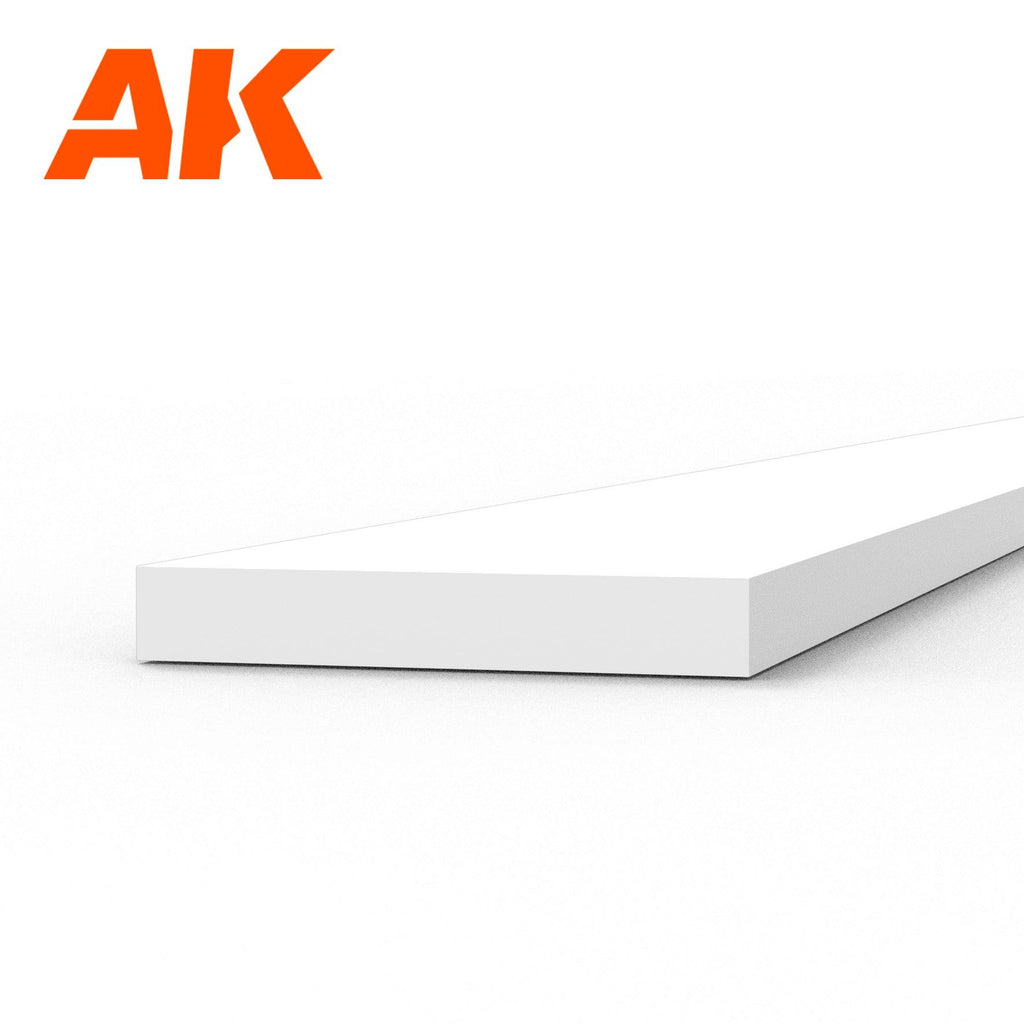 AK6518 styrene strip on white: the broadest flat white plastic length in this thickness, seen end-on